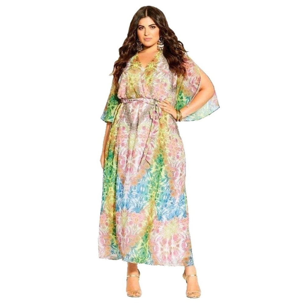 CITY CHIC Plus Size 16 Faux Wrap Maxi Dress Flutter sleeves Romantic Angel Fairy